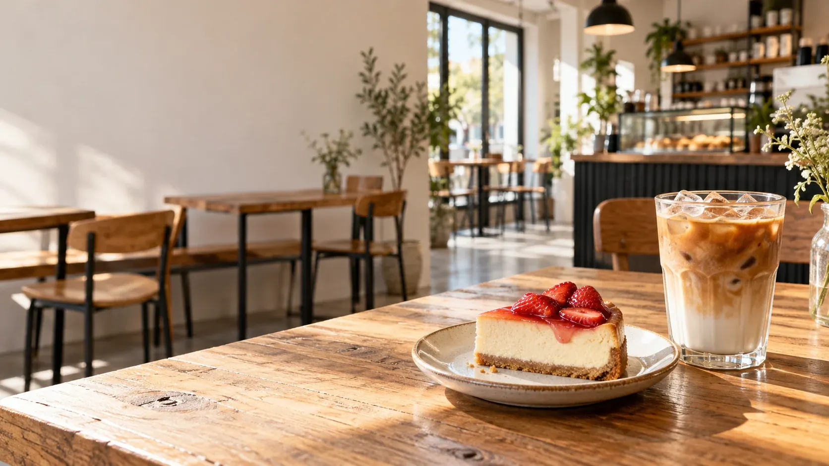 自然光が差し込む木のテーブルに置かれたラテとチーズケーキ